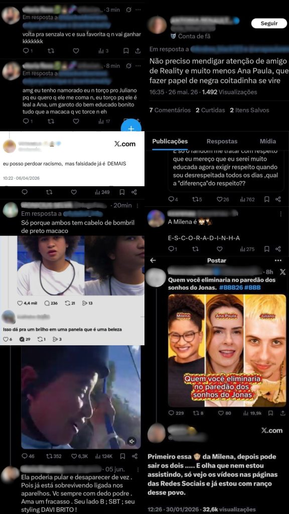 Print de redes sociais com menção à Tia Milena atacando racismo: em posts e respostas, ela comenta e denuncia ataques racistas após reencontro com ex-BBBs.