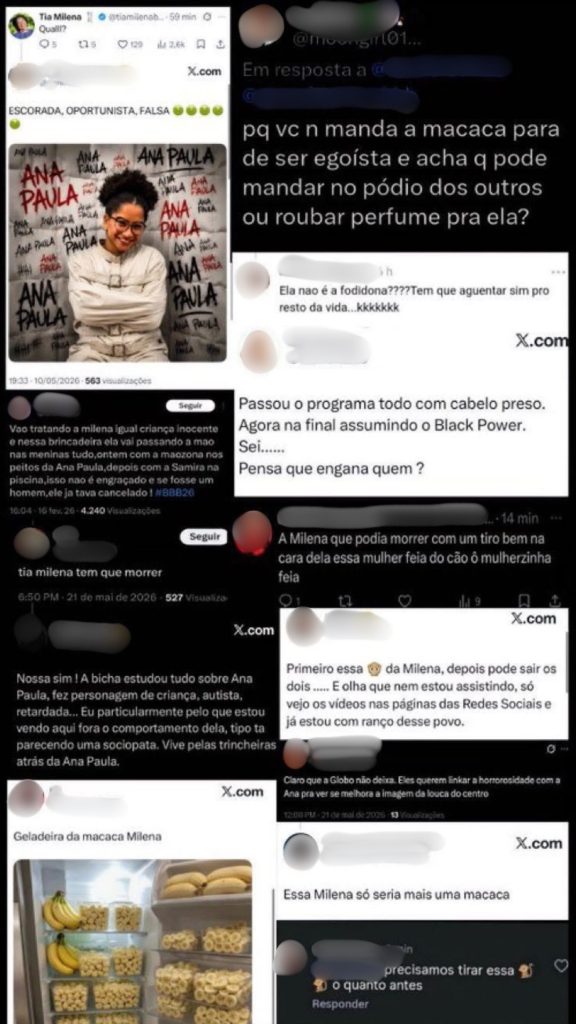 Prints de publicações em rede social mostram a Tia Milena relatando e denunciando ataques racistas após reencontro com ex-BBBs, com comentários ofensivos e respostas.