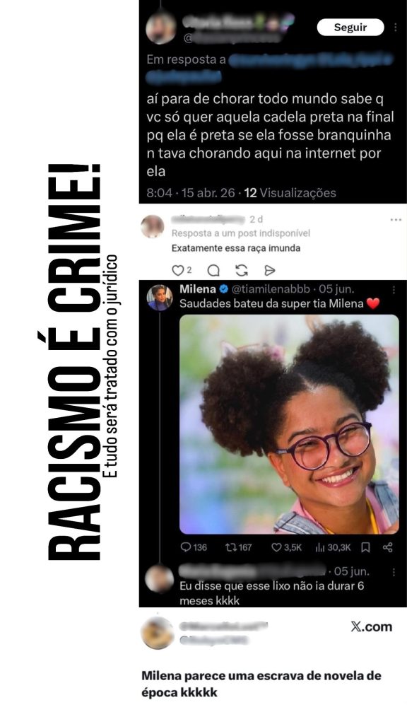 Print de uma postagem nas redes sociais com a foto da Tia Milena e comentários com ataques racistas; o texto cita “cadela preta” e “escrava de novela de época”, mostrando a denúncia da Tia Milena sobre o reencontro com ex-BBBs.