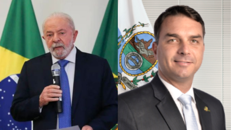 Pesquisa eleitoral 2026 mostra Lula em destaque, liderando o primeiro turno, enquanto Flávio aparece como segundo colocado em imagem de campanha com dois homens em cenário institucional.