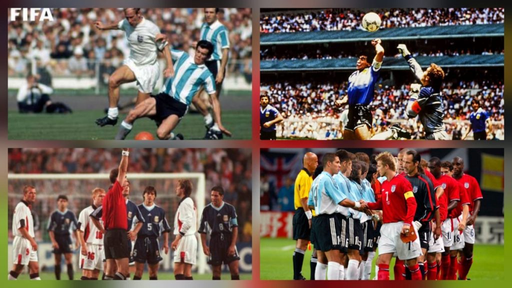 Colagem com imagens históricas de futebol envolvendo a rivalidade Inglaterra x Argentina, mostrando jogadores em partidas, disputas de bola e celebrações em campos lotados.