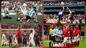 Colagem histórica de partidas entre Inglaterra e Argentina, com momentos de futebol em diferentes décadas: jogadores em campo, disputas pela bola e comemorações em estádios lotados.
