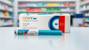 Embalagem e caneta de Ozivy (semaglutida) em farmácia, com destaque para a informação de venda sob prescrição médica da EMS; contexto sobre preço do Ozivy a partir de R$ 333.