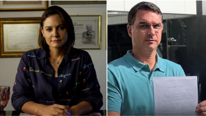 Michelle Bolsonaro aparece em vídeo em duas cenas, à esquerda sentada com expressão séria, e à direita o presidente Jair Bolsonaro em outra situação com documento na mão, destacando o tema de engajamento nas redes.