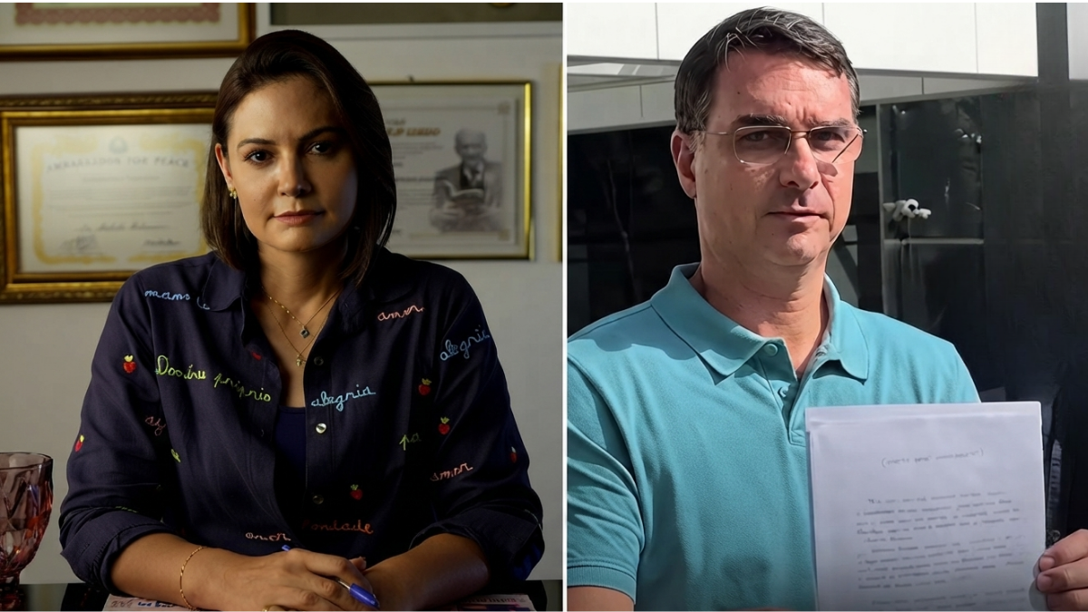 Michelle Bolsonaro aparece em vídeo em duas cenas, à esquerda sentada com expressão séria, e à direita o presidente Jair Bolsonaro em outra situação com documento na mão, destacando o tema de engajamento nas redes.