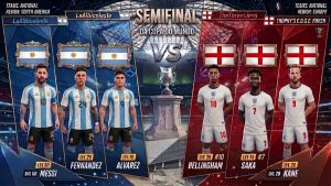 Comparativo de times na semifinal da Copa do Mundo: Inglaterra (The Three Lions) enfrenta a Argentina (La Albiceleste), com jogadores em destaque e troféu ao centro.