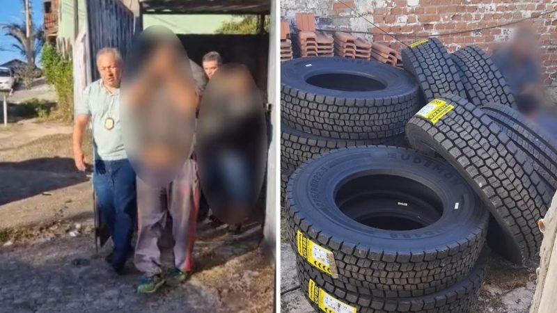 Piracicaba: carga de pneus recuperada em caminhão, com homem ao lado de pneus empilhados em pátio, após apreensão. Imagem de ocorrência policial.