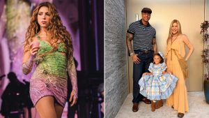 Shakira aparece em foto de apresentação ao lado de registro familiar com Lore Improta, Léo Santana e a filha, destacando o envio de áudio da cantora após vídeo de dança.