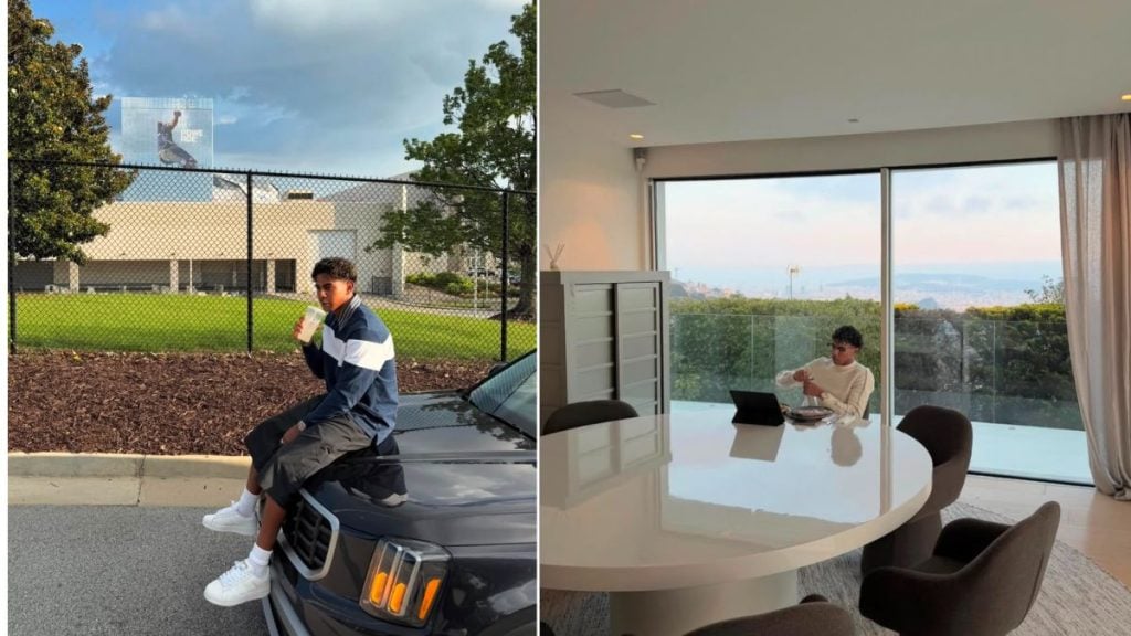 Divisão de imagens mostra a casa do jogador Lamine Yamal na Espanha: lado de fora, um homem junto a um carro em área cercada; lado interno, ambiente com mesa e vista panorâmica, relacionado a tentativa de invasão.