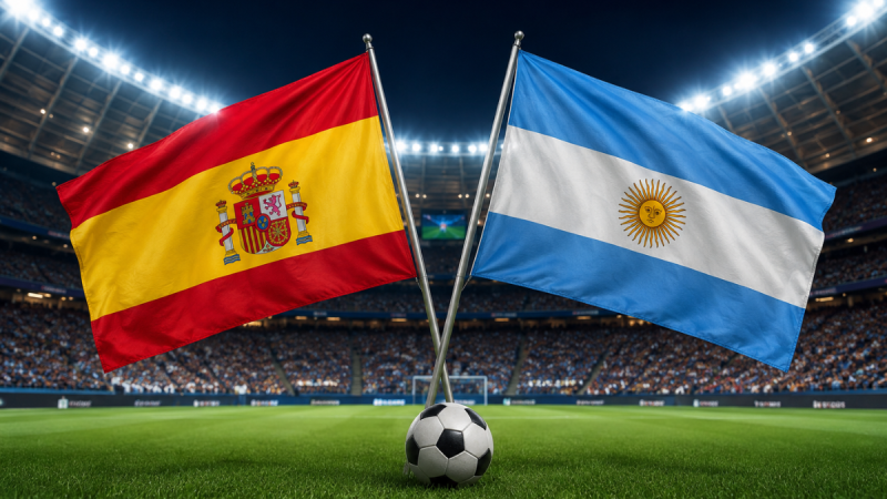 Final da Copa do Mundo no estádio: bandeiras da Espanha e da Argentina lado a lado com bola de futebol no gramado, destacando o confronto da final exibido no SBT.