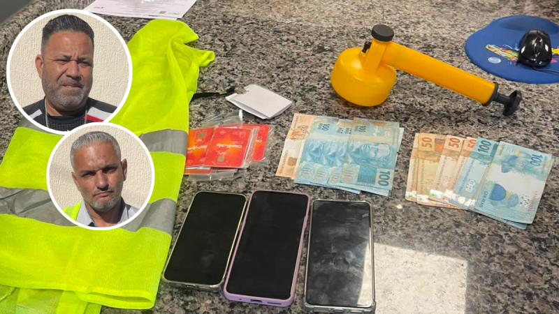 Imagem de operação em Paulínia mostra dois homens identificados em fotos de destaque ao lado de objetos apreendidos, como dinheiro, celulares e um spray amarelo, relacionados a falsos agentes da dengue em Paulínia após ação da Guarda.