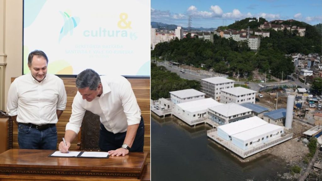Foto da Sabesp Baixada Santista com registro de assinatura de documento por autoridades e uma vista aérea de instalações próximas ao rio na região de Santos, indicando parceria para levar o modelo implantado na Vila Gilda a outras comunidades.