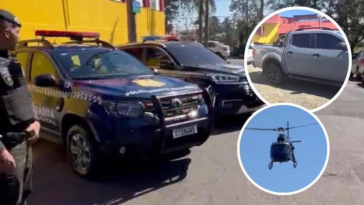Caminhonete e viaturas policiais em ação durante operação que recuperou veículo roubado em Hortolândia, com destaque para imagens de carro apreendido e helicóptero sobrevoando