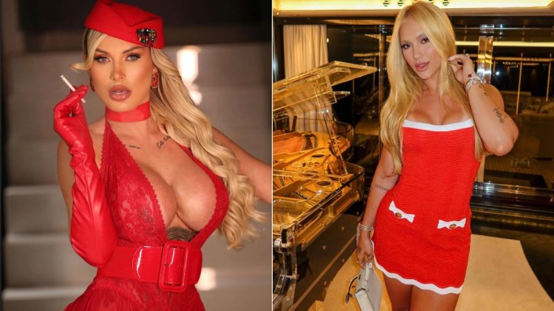 Andressa Urach em comparação com Virginia Fonseca, em fotos lado a lado: as duas aparecem em trajes vermelhos com aparência glamourosa, estilo noite e iluminação em ambientes fechados.