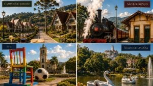 Painel com quatro destinos de viagem perto de São Paulo e entre São Paulo e Minas Gerais: Campos do Jordão com casarões e natureza, São Lourenço com trem a vapor, cidade histórica e parque com igreja ao fundo em Itu e Aguas de Lindóia com lago e cisnes no parque.