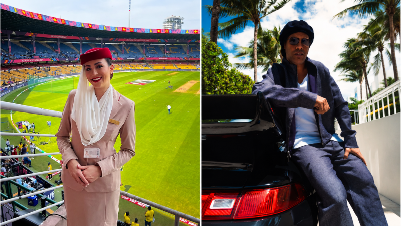Collagem com duas fotos da Ingryd Guadagnin, namorada de Ronaldinho Gaúcho: em um estádio, com uniforme e credencial; e em área externa, ao lado de um carro, usando óculos e roupa casual.