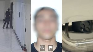 Montagem com três imagens: corredor interno com uma pessoa ao fundo, foto desfocada de um jovem e detalhe de um veículo com dispositivo na área do painel, em reportagem sobre suspeito de filmar mulheres em banheiro em Santos.