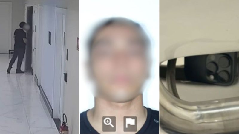 Montagem com três imagens: corredor interno com uma pessoa ao fundo, foto desfocada de um jovem e detalhe de um veículo com dispositivo na área do painel, em reportagem sobre suspeito de filmar mulheres em banheiro em Santos.