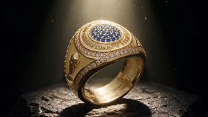 Anel exclusivo da FIFA para campeões da Copa do Mundo, com faixa dourada, aro trabalhado com pedras e escudo azul com a inscrição “CHAMPIONS”, em destaque sobre fundo escuro com iluminação dramática.