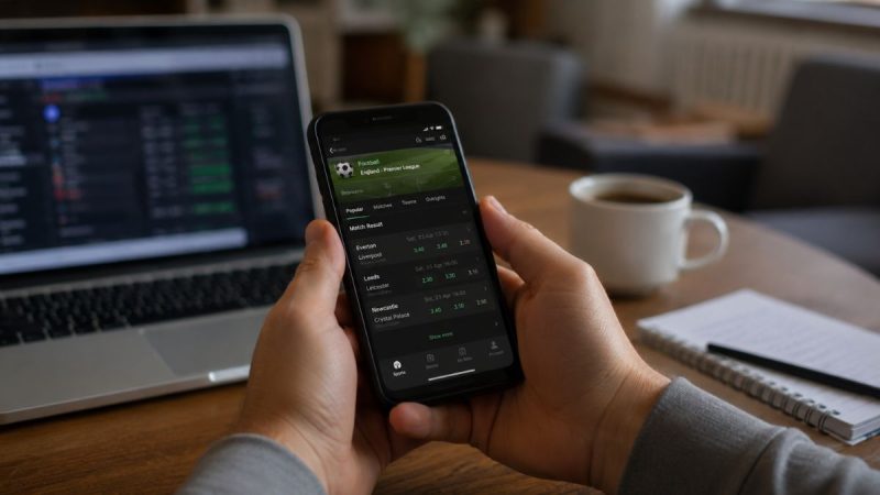 Pessoa segurando um celular com aplicativo de apostas na tela enquanto usa um notebook em uma mesa. Contexto de novas regras para publicidade de bets, com alerta de validade a partir desta sexta.