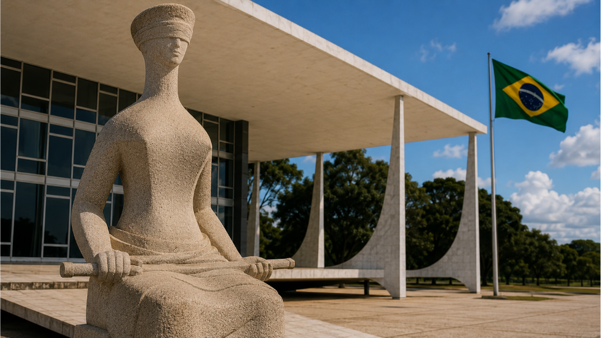 Estátua em frente ao prédio do STF, com bandeira do Brasil ao fundo, em contexto de reação do STF ao “tarifaço” dos EUA e defesa da independência citada por Fachin.