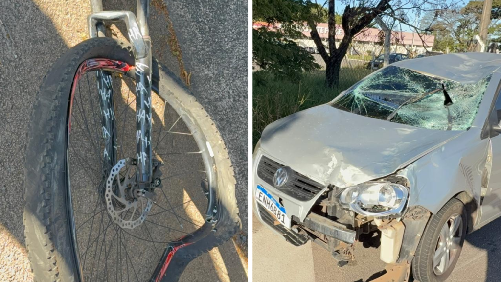 Ciclista morto na SP-101: detalhe da roda da bicicleta deformada após colisão, com o impacto danificando a parte frontal do carro envolvido na rodovia. Foto: reprodução.