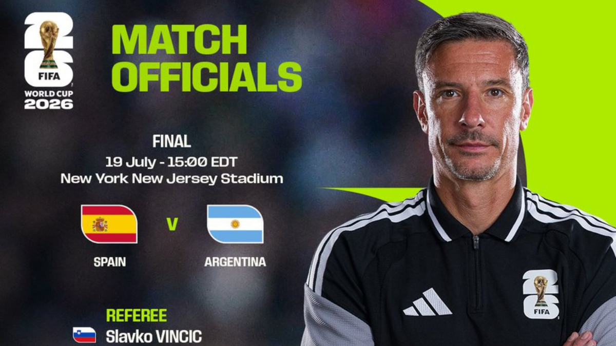 Imagem promocional com árbitro de futebol em uniforme oficial da FIFA, ao lado de arte da final da Copa do Mundo 2026 entre Espanha e Argentina. No canto, aparece “Slavko VINCIC”.