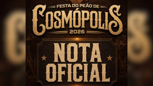 Arte promocional do evento Festa do Peão de Cosmópolis 2026 com o destaque “NOTA OFICIAL”, em fundo escuro com detalhes dourados, anunciando suspensão do rodeio por decisão da Justiça.