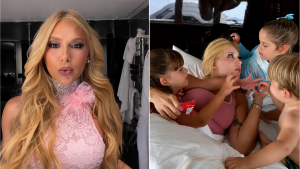 Virginia Fonseca aparece em foto após uma festa, com look de renda rosa e expressão curiosa, ao lado de um momento em família no quarto com crianças na cama.