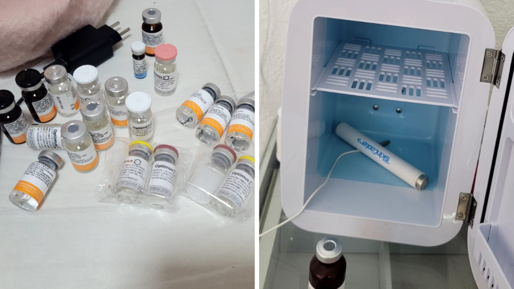Medicamentos e frascos sem identificação adequados e equipamento médico em mesa durante operação de fiscalização em clínica de estética irregular, com aparelho para procedimentos ao lado.