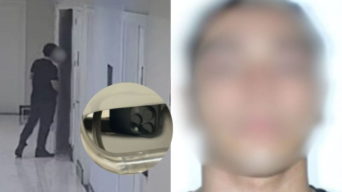 Imagem com recorte que destaca a tentativa de esconder um celular dentro de um banheiro, em ambiente interno. Ao lado, há uma pessoa desfocada em primeiro plano, sem identificação clara.