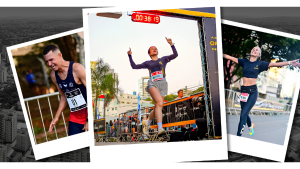 Fotos Maratona de Campinas: três registros de corredores durante a 9ª Maratona de Campinas, com participantes cruzando a linha de chegada e atletas em destaque em diferentes enquadramentos