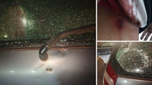 Motorista atropela guarda em Limeira: Imagem mostra carro com marcas e respingos na lataria e no vidro, com detalhes de possível acidente durante um episódio de pancadão em Limeira, após motorista atropelar guarda e ser preso.