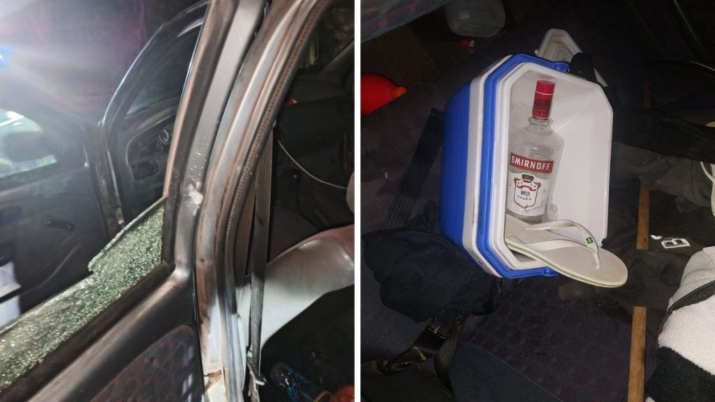 Carro encontrado abandonado durante as buscas em Limeira, com marcas de disparos na lateral e, no interior, garrafas e objetos apreendidos pela Guarda Municipal de Limeira. Motorista atropela guarda em Limeira