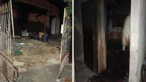 Incêndio em casa em Limeira: área interna de uma residência com portas e paredes carbonizadas, fumaça e marcas de fogo após a destruição do imóvel, com corredor interno isolado.