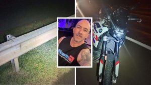 Colagem jornalística de acidente na SP-147 com motocicleta ao lado da mureta e foto de um homem em destaque, sugerindo investigação de homicídio de motociclista na SP-147.