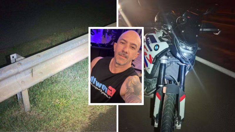 Colagem jornalística de acidente na SP-147 com motocicleta ao lado da mureta e foto de um homem em destaque, sugerindo investigação de homicídio de motociclista na SP-147.