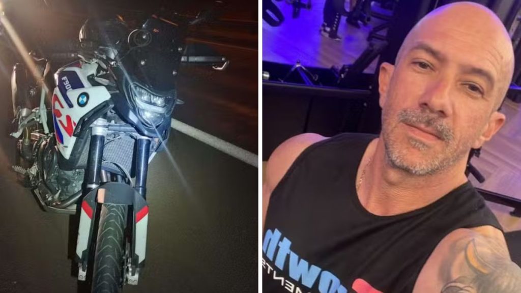 homicídio de motociclista na SP-147: Colagem com foto de uma motocicleta BMW no acostamento da Rodovia Engenheiro João Tosello (SP-147) e retrato de um homem. Reprodução.