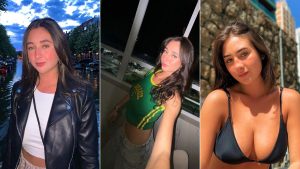 nutricionista morre em acidente no Guarujá: Fotos de uma jovem mulher em três ângulos diferentes, com jaqueta de couro à esquerda, roupa esportiva no centro e topless em foto ao ar livre à direita.