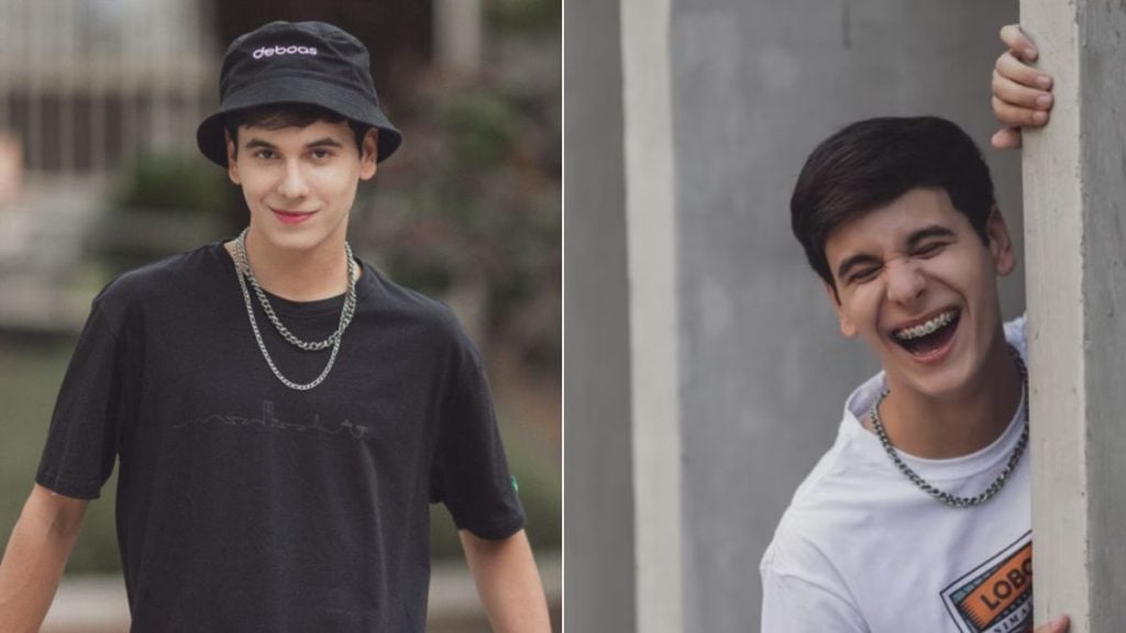 Influenciador Menino da Lei em duas fotos: à esquerda usando boné e camiseta preta, à direita rindo e encostado em um muro, com corrente no pescoço. Foto Skit Comunicação.