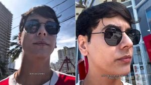 Menino da Lei em duas imagens usando óculos escuros e falando ao ar livre, com prédios e céu ao fundo, em contexto de condenação por indenização.