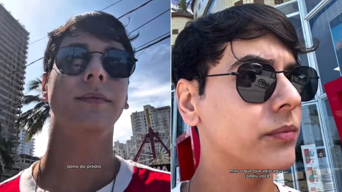 Menino da Lei em duas imagens usando óculos escuros e falando ao ar livre, com prédios e céu ao fundo, em contexto de condenação por indenização.