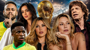 Copa do Mundo 2026 com montagem de celebridades em clima de polêmicas no futebol, ao fundo bola dourada e estádio iluminado, com rostos de famosos em destaque.