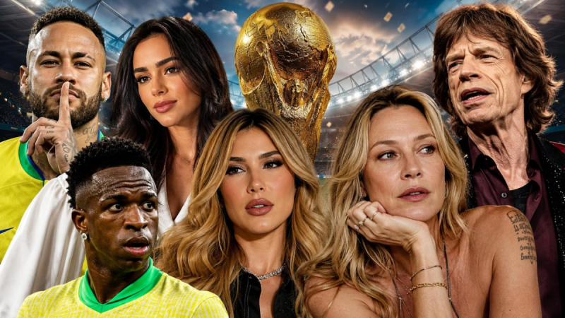 Copa do Mundo 2026 com montagem de celebridades em clima de polêmicas no futebol, ao fundo bola dourada e estádio iluminado, com rostos de famosos em destaque.