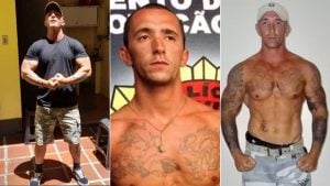 Cristian Cravinhos em fotos lado a lado, mostrando diferentes poses: em uma delas está de camisa escura e bermuda, em outra aparece sem camisa e com tatuagens, e na terceira está sem camisa.