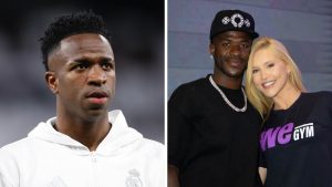 Vini Jr em comparação antes e depois, com imagens divididas em duas metades mostrando mudança no rosto e debate sobre harmonização facial na web.