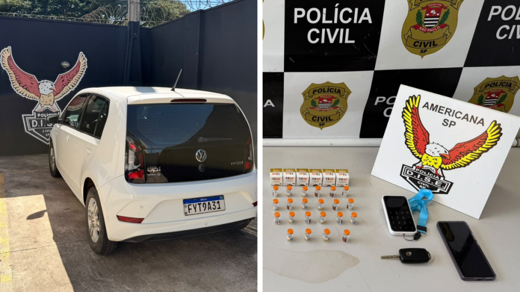 Foto da Polícia Civil com material apreendido em investigação: canetas emagrecedoras e celulares sobre a mesa, com viatura ao fundo. Mulher presa com tirzepatida em Americana.