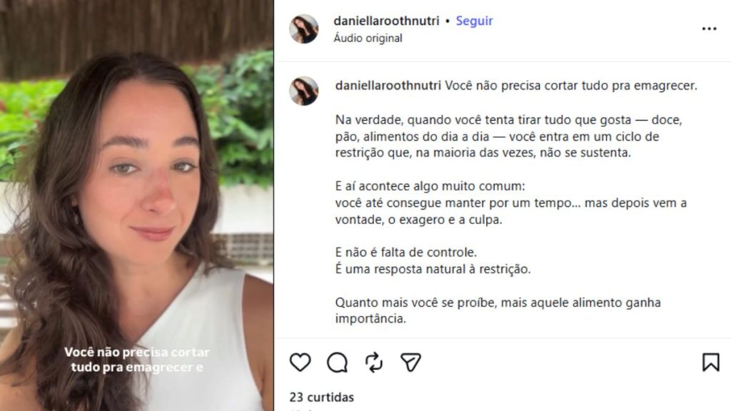 Nutricionista morta no Guarujá: Print de redes sociais com foto de daniellaroothnutri em destaque e legenda sobre não precisar cortar tudo para emagrecer, incentivando relação saudável com a comida.