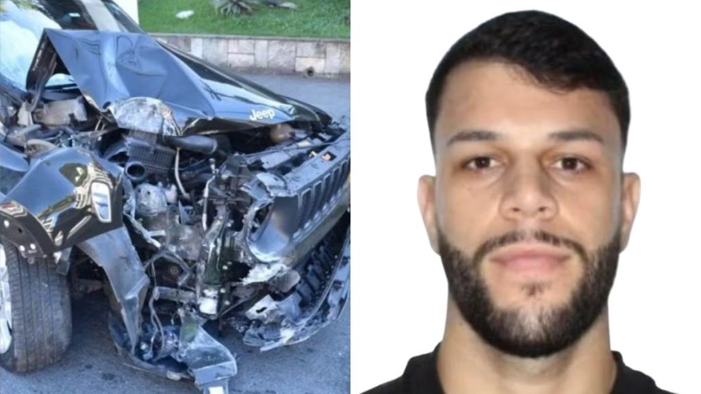 Nutricionista morta no Guarujá: Foto de reprodução mostra a frente destruída de um carro após acidente e, ao lado, o retrato de um homem em imagem de identificação. Justiça concede liberdade ao motorista.