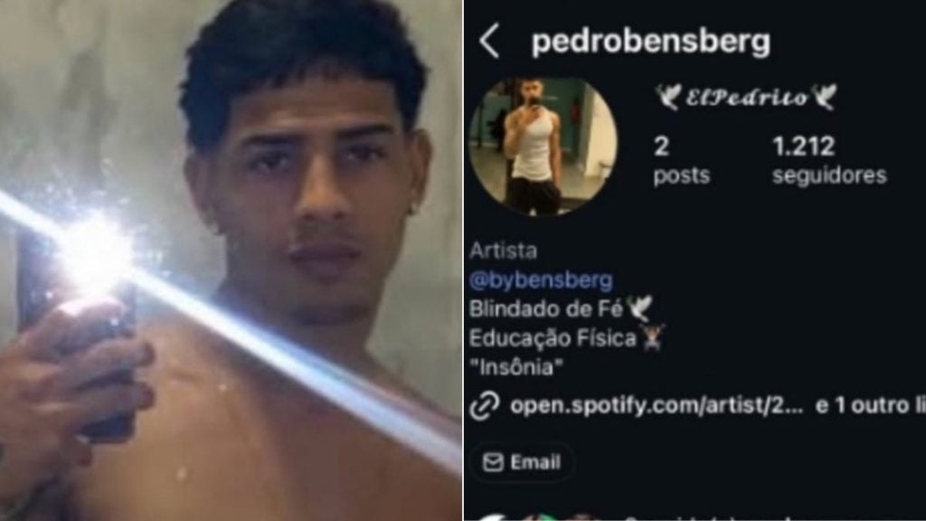 quem é Pedro henrique: Imagem de um jovem com expressão séria em ambiente interno, segurando uma barra metálica ou objeto em frente ao corpo, ao lado de um perfil do Instagram com o nome pedrobeensberg e a descrição “Artista”.